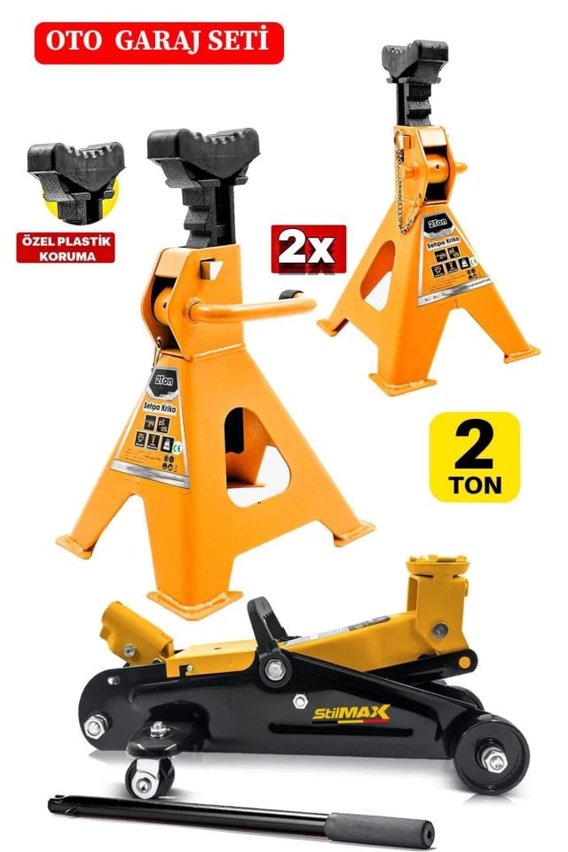2Ton/2000Kg Kapasite Tekerlekli Arabalı Hidrolik Kriko + 2Ton x2Adet Taşıma Sehpa Tip Kriko Standı