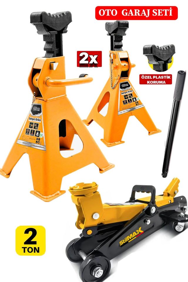 2Ton/2000Kg Kapasite Tekerlekli Arabalı Hidrolik Kriko + 2Ton x2Adet Taşıma Sehpa Tip Kriko Standı