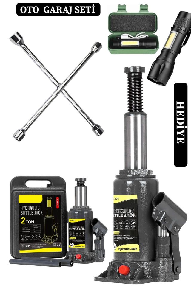 Germany 2 Ton Kapasiteli Şişe Tip Araç Krikosu + 4'lü Bijon Set Full Oto Garaj Seti + Fener Hediye