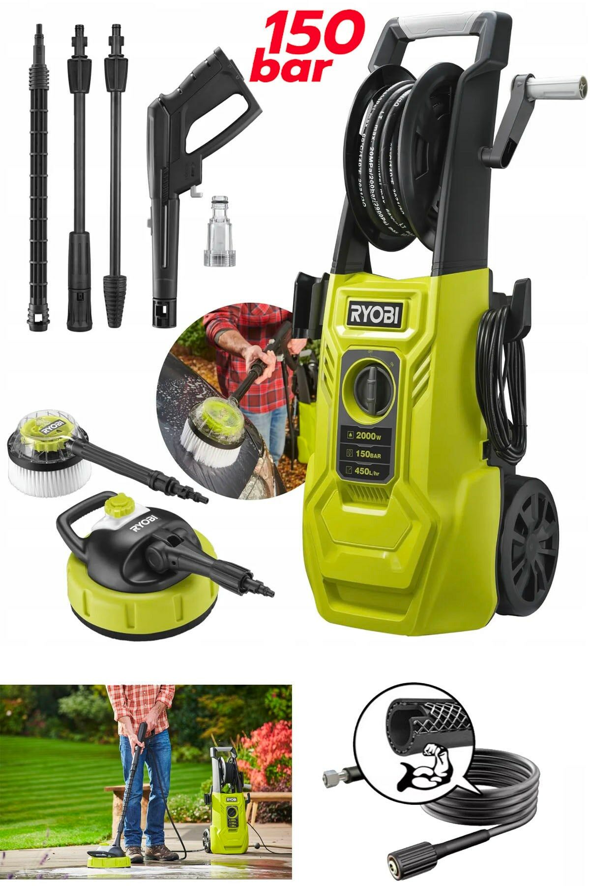 Alman RY150PWA 2000W Yüksek Basınçlı Oto Yıkama Makinesi 150 Bar Basınç 8 Mt Çelik Takviyeli Hortum