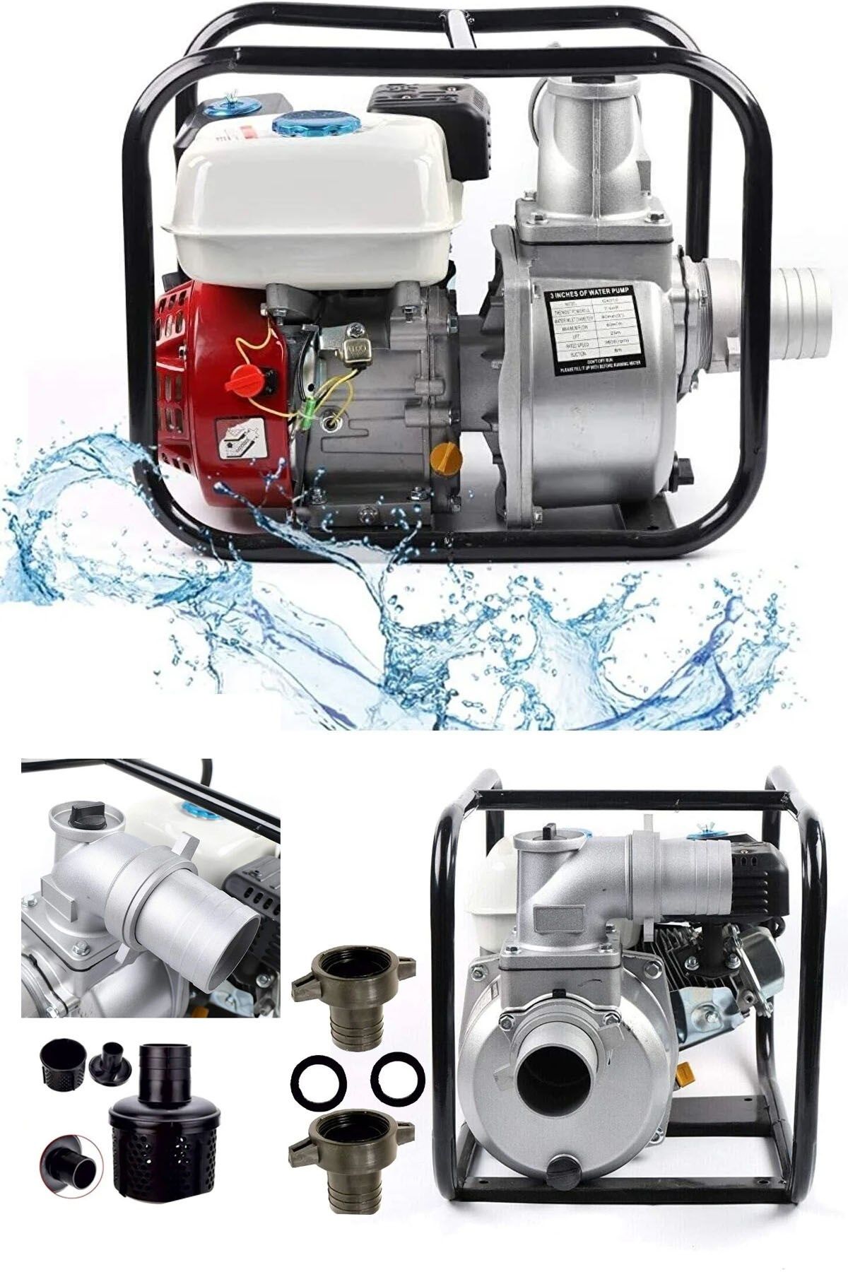 9900WP Metal Çift Çarklı Sistem3 Parmak Benzinli Su Pompası Motopump Su Motoru 8mt Emiş