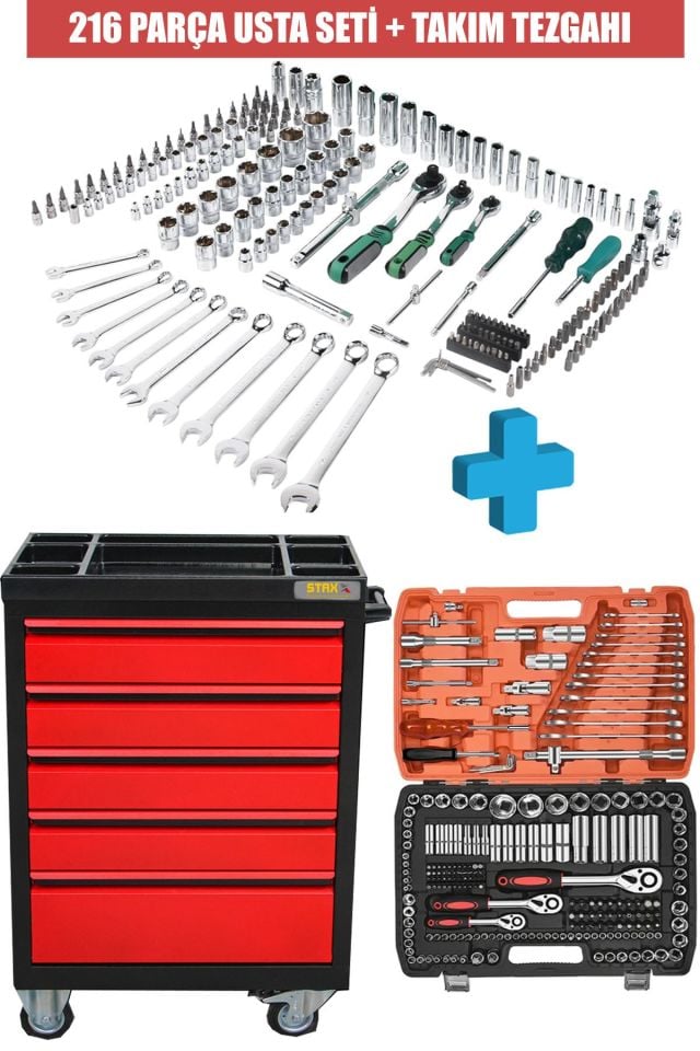 XL SERİ 5 Çekmeceli Alet Dolabı İçi Boş Atölye Usta Set Takım Arabası + 216 PARÇA LOKMA SETİ