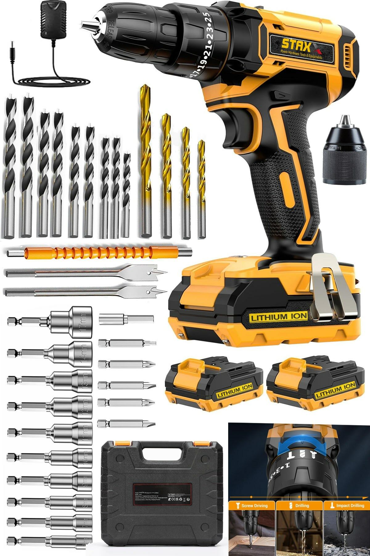Fast 25+3 Metal Dişli Çelik Mandren 21700V-Lion Çift Akülü Darbeli Vidalama Matkap + 32 Pcs Set