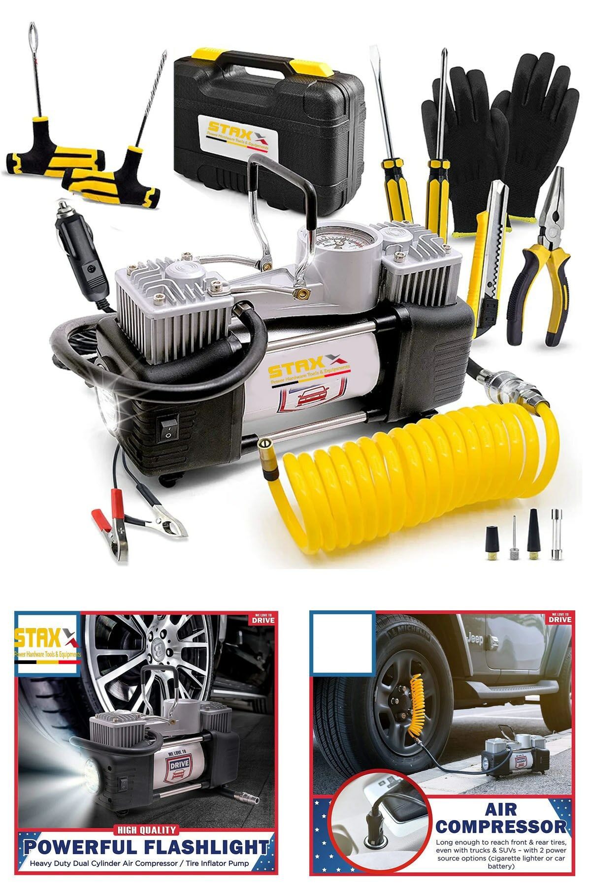Profesyonel Çift Pistonlu Metal Hava Kompresörü 12 V 150 Psi Araba Lastik Bot Şişirme Full Çanta Set