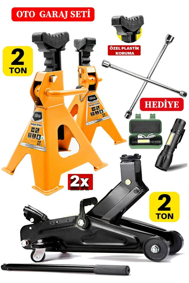 2000Kg Kapasiteli x2Ad Set Kriko Sehpası + Bijon Seti + 2ton Tekerlekli Kriko El Feneri Hediyeli