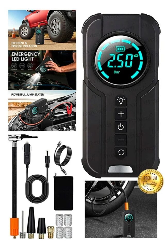 Taşınabilir Dijital Kablosuz Hava Kompresörü Lastik Şişirici PowerBank Akü Şarj El Feneri 180Psi