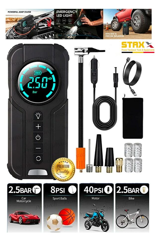 Taşınabilir Dijital Kablosuz Hava Kompresörü Lastik Şişirici PowerBank Akü Şarj El Feneri 180Psi