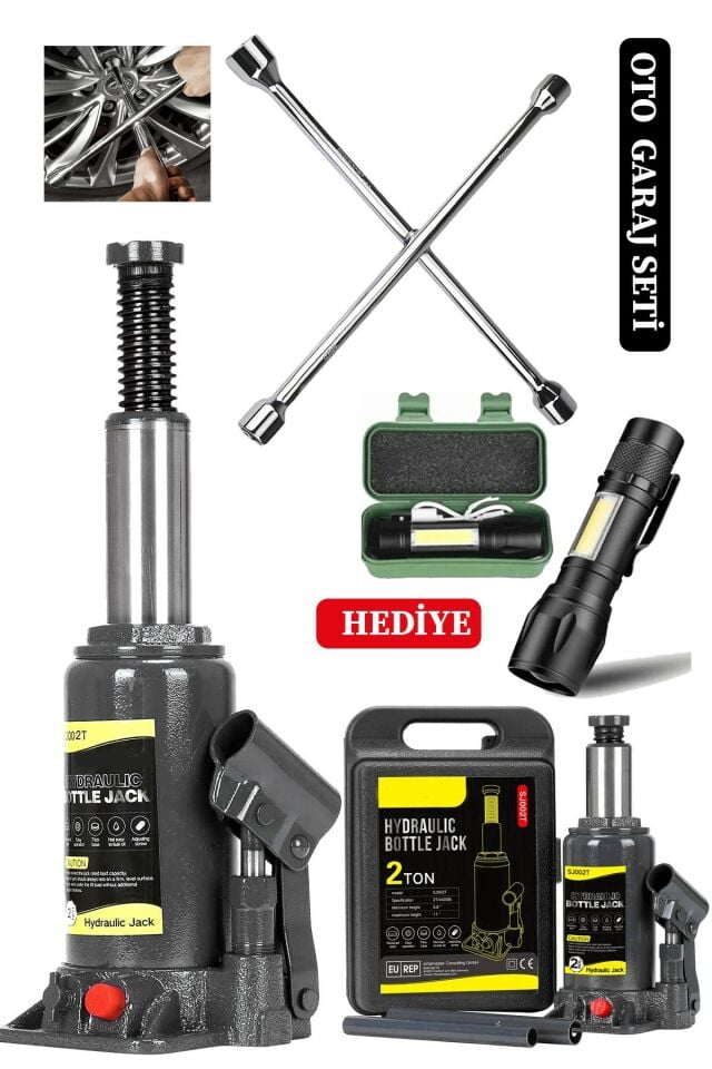 2 Ton Kapasiteli Şişe Tip Araç Krikosu + 4'lü Bijon Set Full Oto Garaj Seti + El Feneri Hediyeli