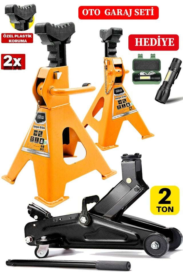 2 Ton x2Adet Set Sehpa Tip Kriko Standı + 2 Ton/2000Kg Tekerlekli Arabalı Kriko El Fenerli Garaj Set