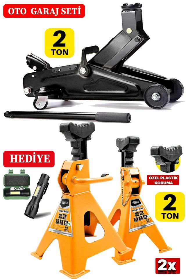 2 Ton x2Adet Set Sehpa Tip Kriko Standı + 2 Ton/2000Kg Tekerlekli Arabalı Kriko El Fenerli Garaj Set