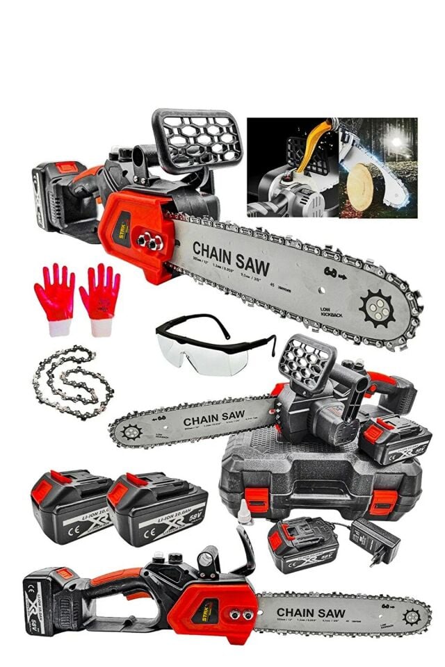 Yağ Pompalı Metal Dişli Şanzuman 58V 10AH x2Akülü Dal Kesme Budama Testere Bıçkı Makinesi Uzun Pala