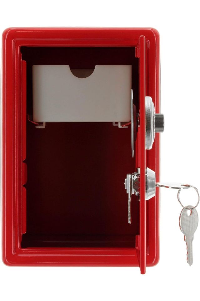 Büyük Boy Kilitli Kasa Kumbara Anahtarlı Mini Metal Para Kasası 18x12x10cm Dekoratif Kırmızı