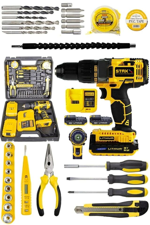 Staxx Power TS5882E Çift Akülü Lion Batarya Turbo Şarjlı Darbeli Matkap + Set