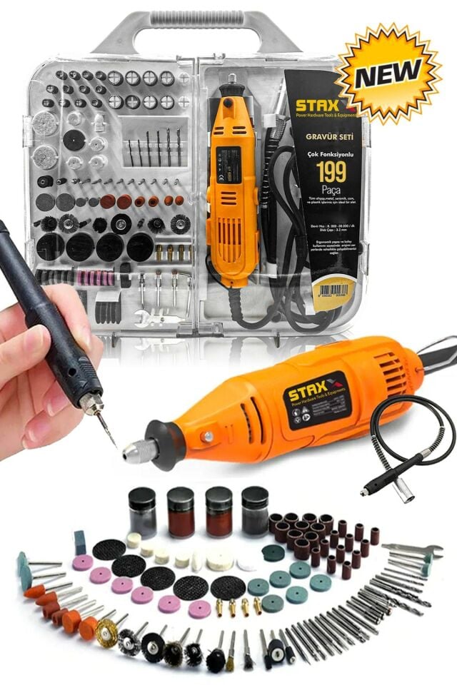 Super199 199 Parça 500w Devir Ayarlı Hobi Gravür Oyma Makinesi Taşlama Zımpara Seti + Şaft Kablosu