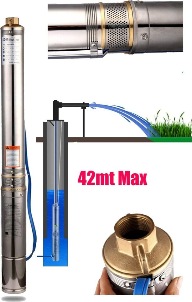 4sdm4/6 Paslanmaz Çelik Dikey 6 Kademeli Derin Kuyu Dalgıç Pompası 4'' 0.5 Hp Monofaze Max 42 Mt