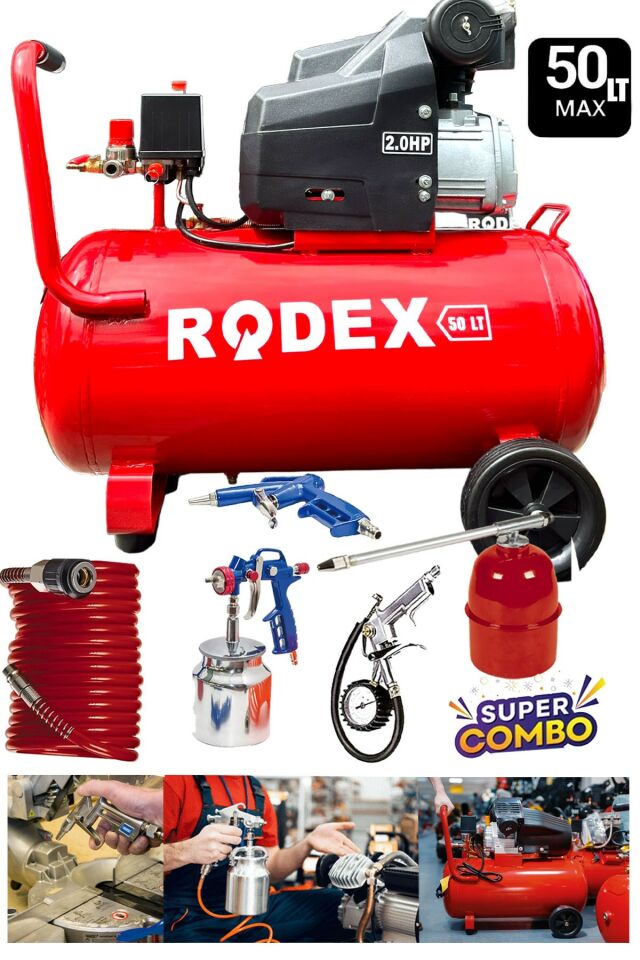 Yüksek Performanslı %100 Bakır Sargılı Orjinal RODEX Serisi 50Lt 2HP Hızlı Dolum Hava Kompresörü