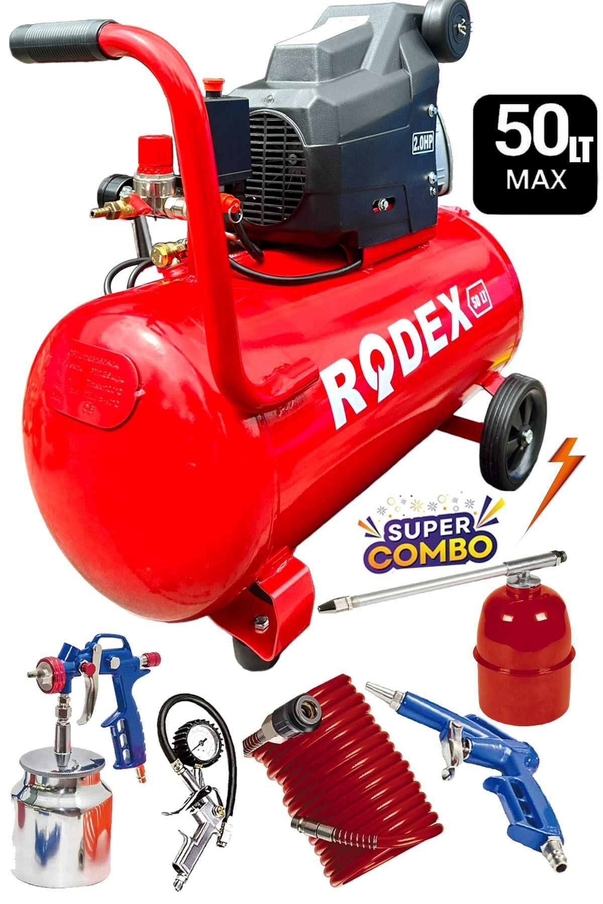 Yüksek Performanslı %100 Bakır Sargılı Orjinal RODEX Serisi 50Lt 2HP Hızlı Dolum Hava Kompresörü