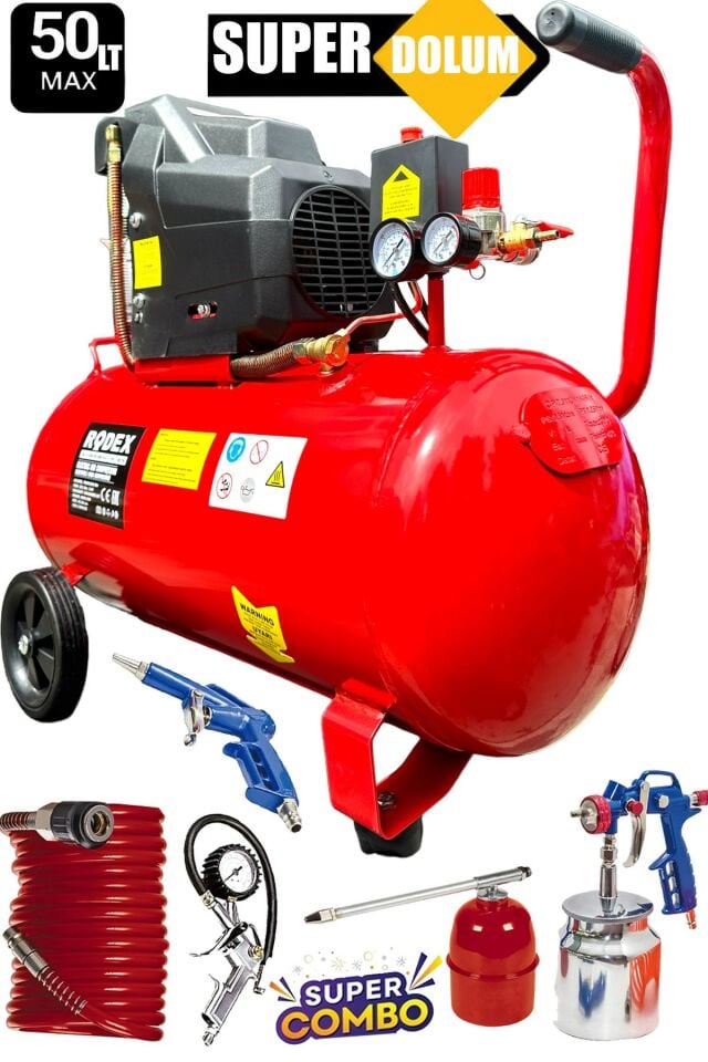 Bakır Sargılı Yüksek Performans Gerçek 50LT 2.HP 8 BAR Süper Hızlı Dolum Hava Kompresörü Havalı Seti