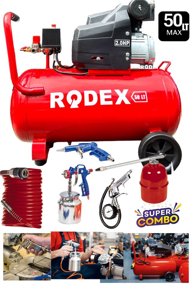 Bakır Sargı Motor Gerçek 50LT 2HP Süper Hızlı Dolum RODEX Hava Kompresörü Havalı Boya Set 8 Bar