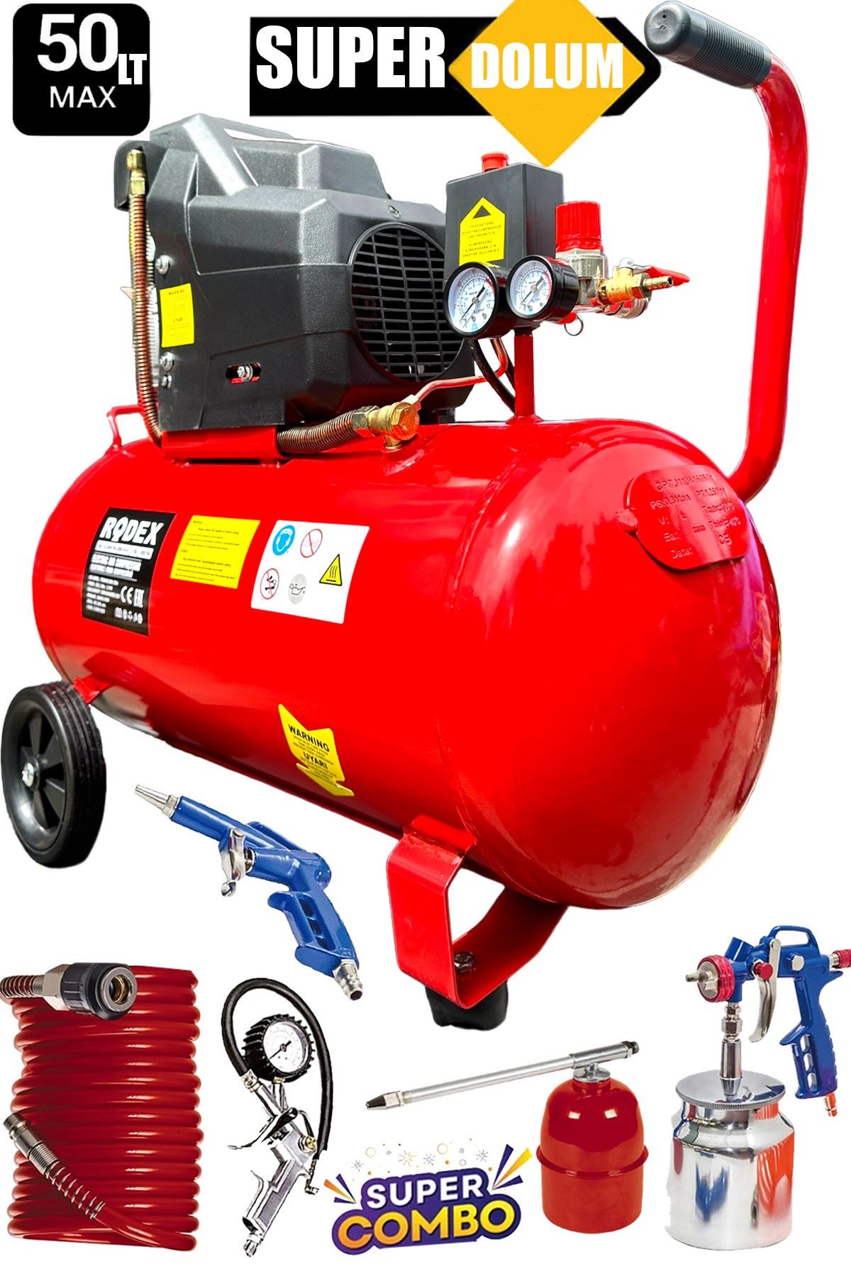 Bakır Sargı Motor Gerçek 50LT 2HP Süper Hızlı Dolum RODEX Hava Kompresörü Havalı Boya Set 8 Bar