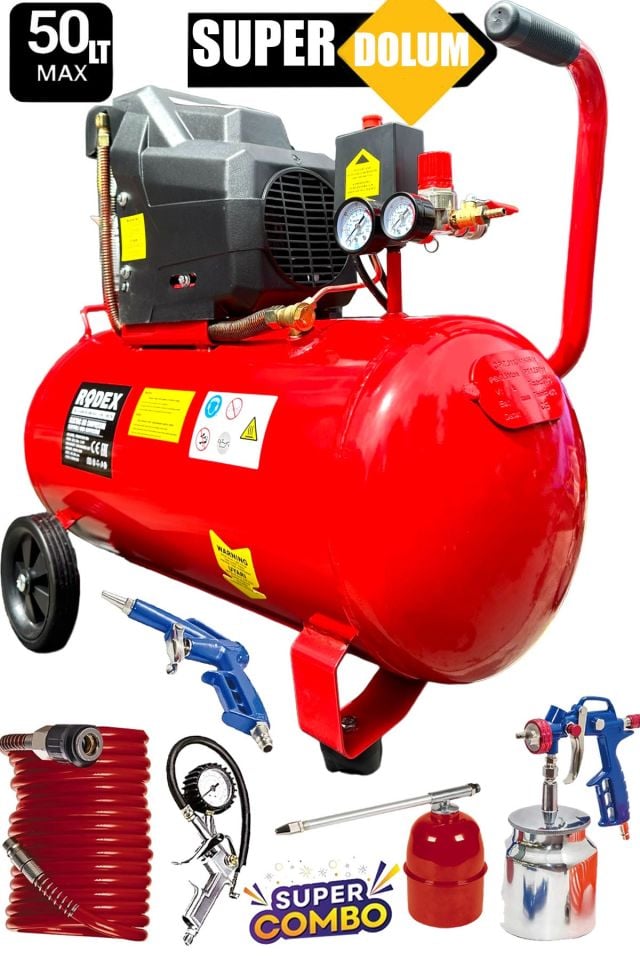 Bakır Sargı Motor Gerçek 50LT 2HP Süper Hızlı Dolum RODEX Hava Kompresörü Havalı Boya Set 8 Bar
