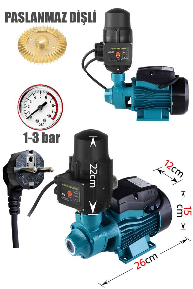 Elektrikli 220V Otomatik Sistem Metal Dişli Bakır Sargılı Su Pompası 0.50HP Ev Tipi Paket Hidrofor