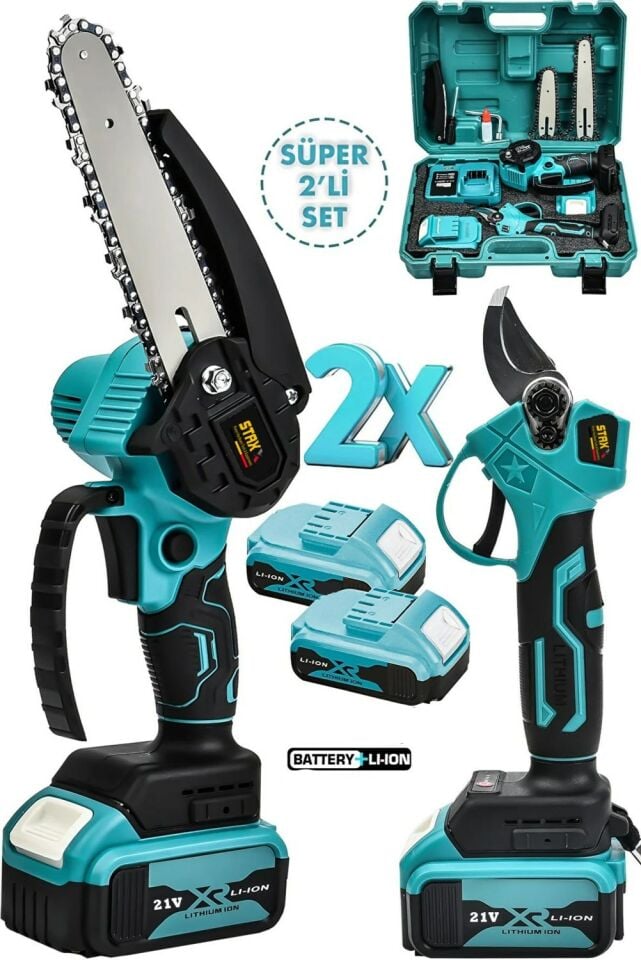 2'li Super Set 21V Çift Pala Zincir Çift Akülü Çelik Şanzıman Şarjlı Dal Budama ve Bağ Makası