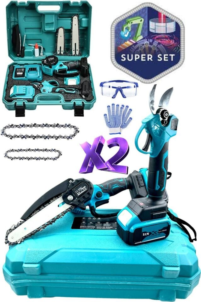 2'li Super Set 21V Çift Pala Zincir Çift Akülü Çelik Şanzıman Şarjlı Dal Budama ve Bağ Makası