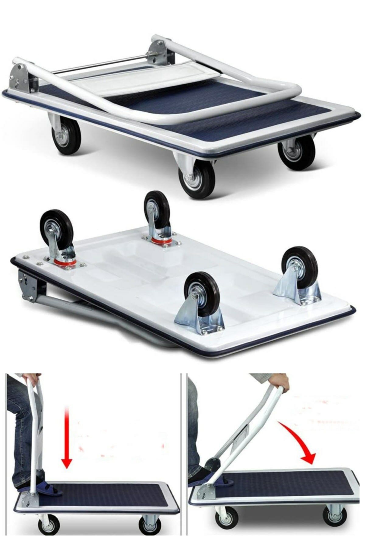 300 Kg Kapasite Alaşımlı Çelik Katlanır Platform 4 Tekerlekli Malzeme Koli Paket Taşıma El Arabası
