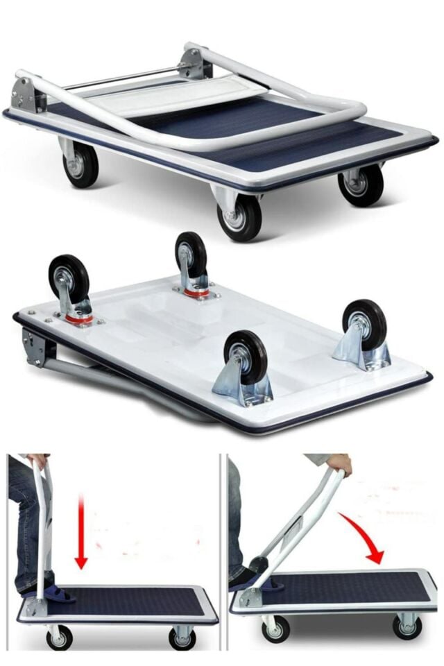 300 Kg Kapasite Alaşımlı Çelik Katlanır Platform 4 Tekerlekli Malzeme Koli Paket Taşıma El Arabası
