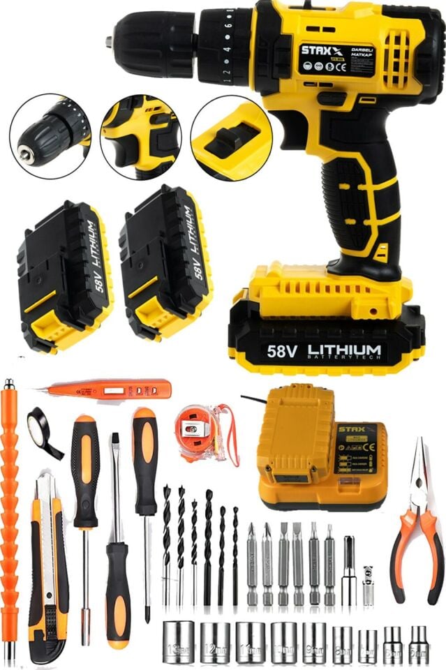 Staxx Power Germany Hybrid Motor 58V 8AH Çift Akülü Darbeli Şarjlı Matkap Seti + 30 Parça Set