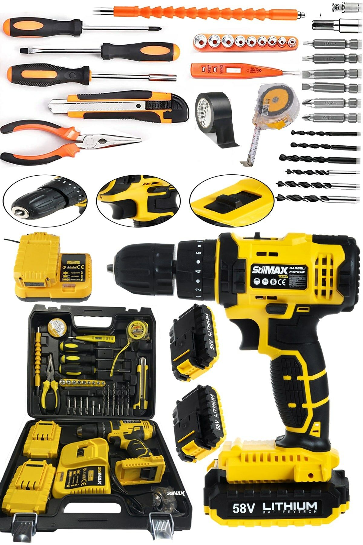 Germany Hybrid Brushless Motor 58v Panasonic Çift Akülü Darbeli Şarjlı Matkap Seti + 30 Parça Set