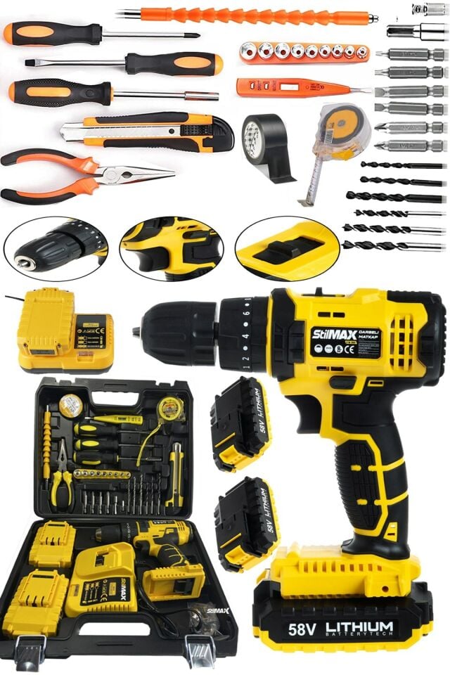 Germany Hybrid Brushless Motor 58v Panasonic Çift Akülü Darbeli Şarjlı Matkap Seti + 30 Parça Set