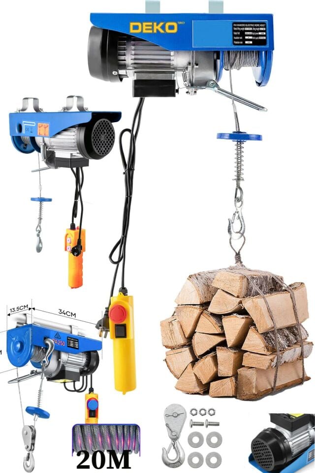 %100 Bakır Seramik Motor Elektrikli Vinç Caraskal 125/250 Kg 20M Halatlı Kaldırma Makinesi Kumandalı