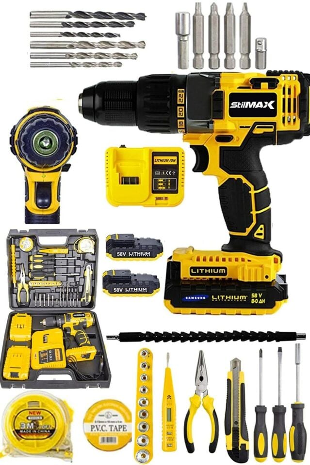 Stilmax STM5882E Çift Akülü Lion Batarya Turbo Şarjlı Darbeli Matkap + Set
