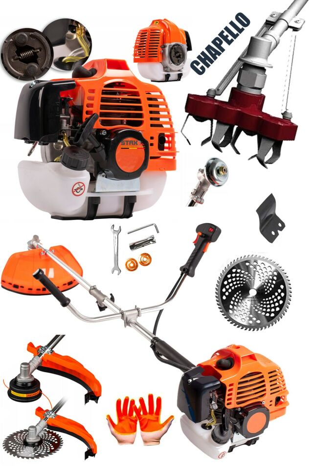 Kömürsüz Motor 20HPX Çelik Krom Piston Benzinli Ot Çalı Çim Biçme Makinası Yan Tırpan + Chapello Set