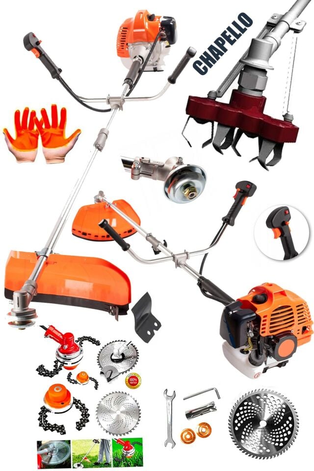 Kömürsüz Motor 20HPX Çelik Krom Piston Benzinli Ot Çalı Çim Biçme Makinası Yan Tırpan + Chapello Set