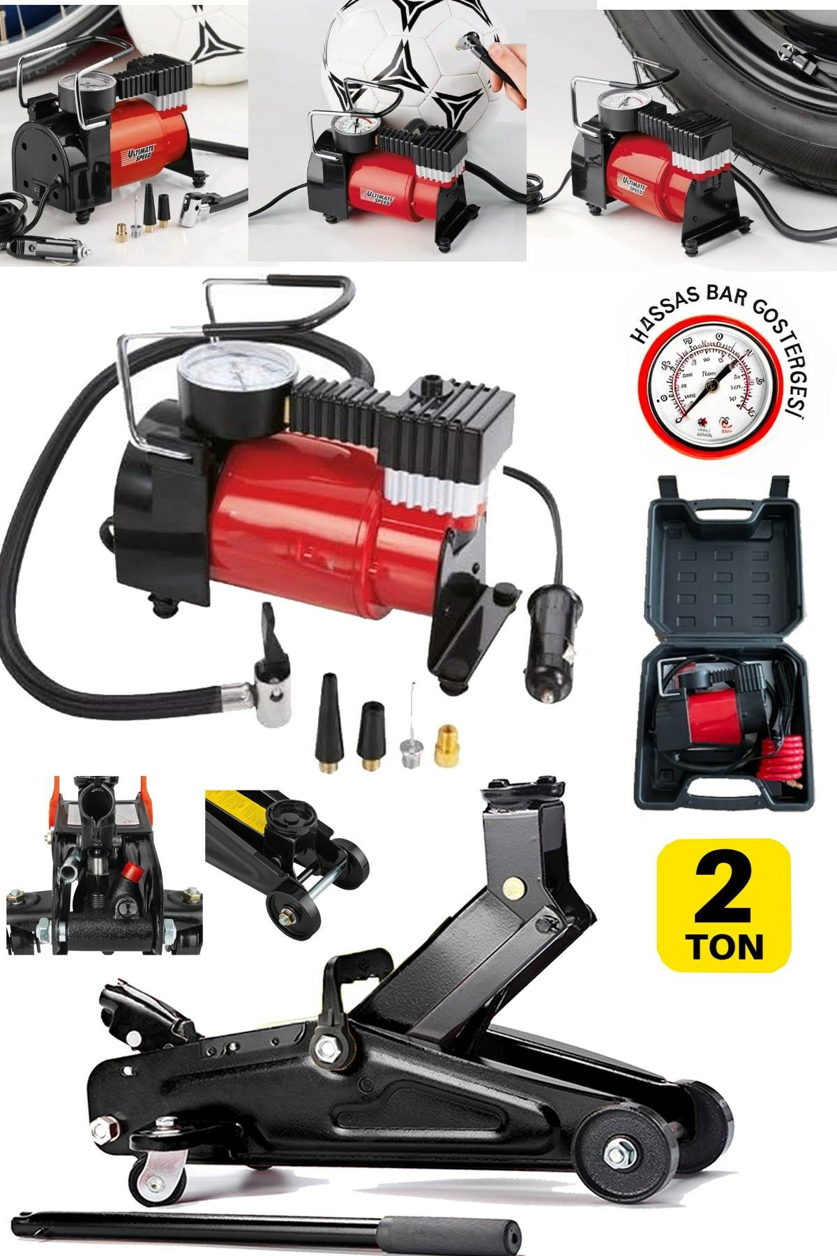 Germany 2Ton Arabalı Timsah Kriko ve Metal Gövdeli 12V Çakmaklı Lastik Şişirme Pompa Kompresör Seti