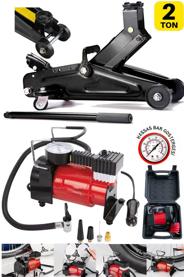 Germany 2Ton Arabalı Timsah Kriko ve Metal Gövdeli 12V Çakmaklı Lastik Şişirme Pompa Kompresör Seti