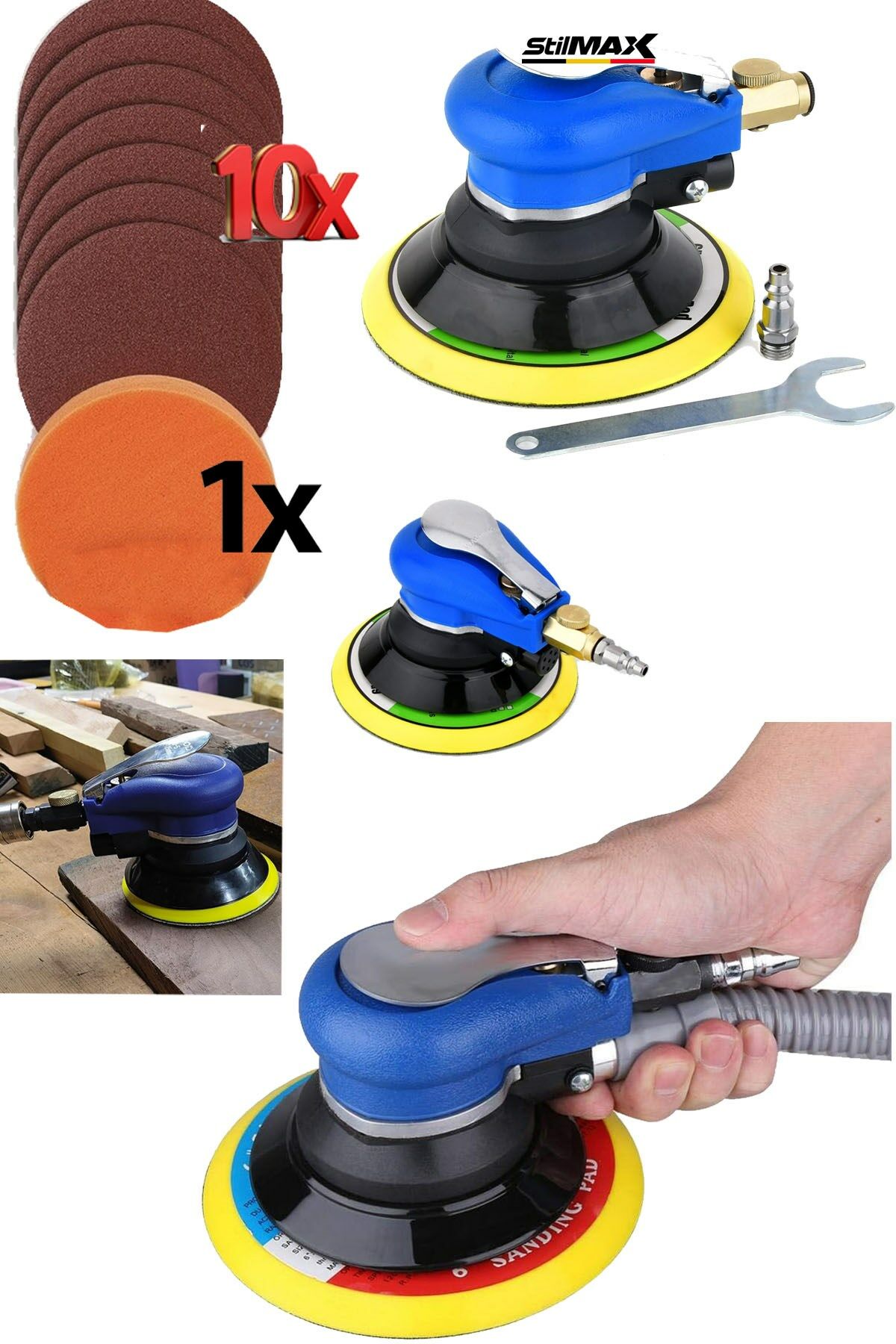 Yüksek Devirli Havalı Zımpara ve  Ağaç Metal Yüzey Polisaj Makinesi – 150MM, x10 Zımpara 1x Ped