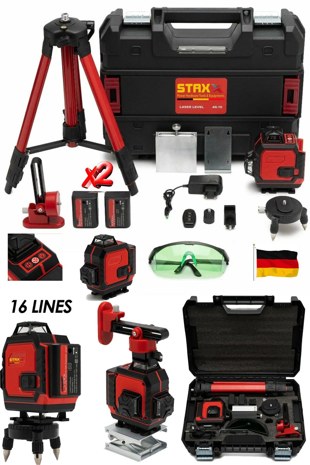 x2 Akülü Uzaktan Kumandalı Hassas 16 Köşe Yeşil Çizgi Lazer Hizalama RED926 Tripot Çantalı Set