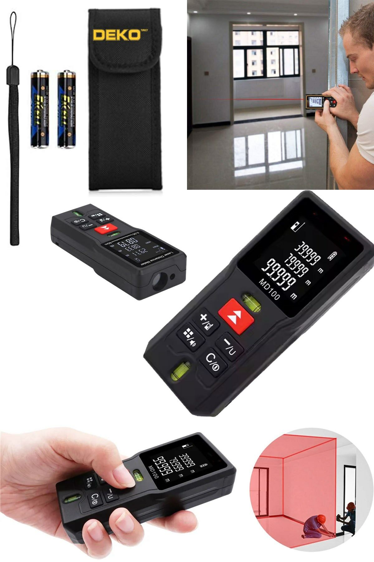 Dijital Göstergeli 60Mt Mesafe Ölçüm Yapabilen Çift Terazili Lazermetre Lazer Ölçüm Mesafe Ölçer