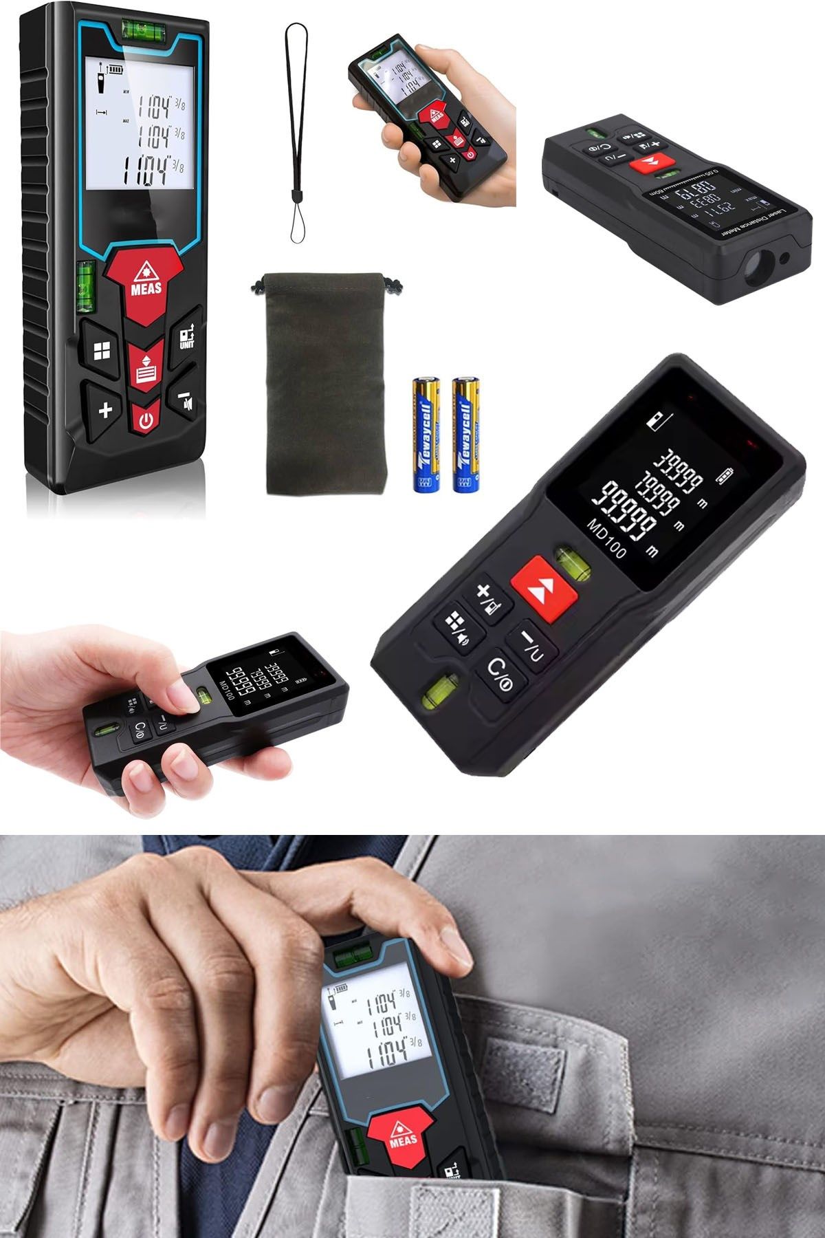 Lazerli Mesafe Ölçüm Cihazı 60mt Lazermetre Akıllı LCD Dijital Ekranlı Çift Terazili Mesafe Ölçer