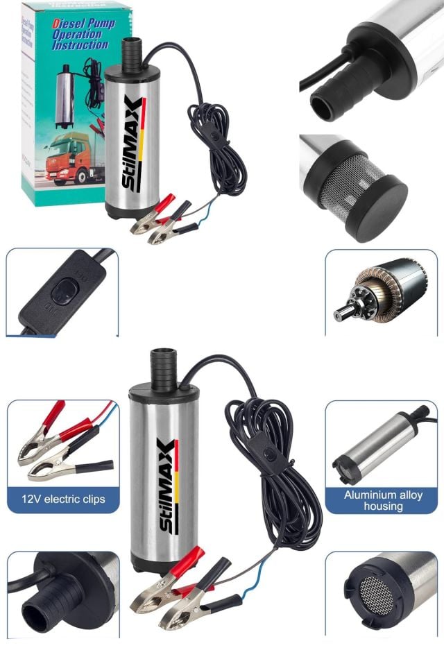 Paslanmaz Gövdeli Profesyonel Bakır Sargılı 12V Mini Mazot Sıvı Yağ Yakıt Aktarma Pompası 51mm Max