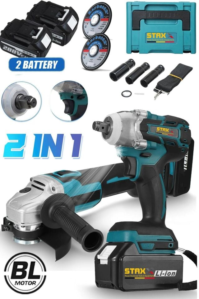 Çantalı 2li SüperTurbo BL Motor Şarjlı Taşlama Spiral Şarjlı Somun Sıkma Sökme Setli 58VF 2000Ah
