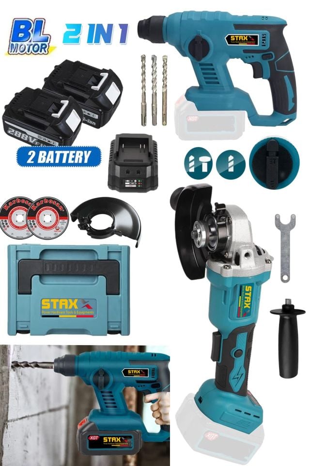 Super Combo Bl Motor Çift Akülü Muhteşem 2'li Şarjlı Kırıcı Şarjlı Taşlama Setli Çantalı 58VF 2000Ah