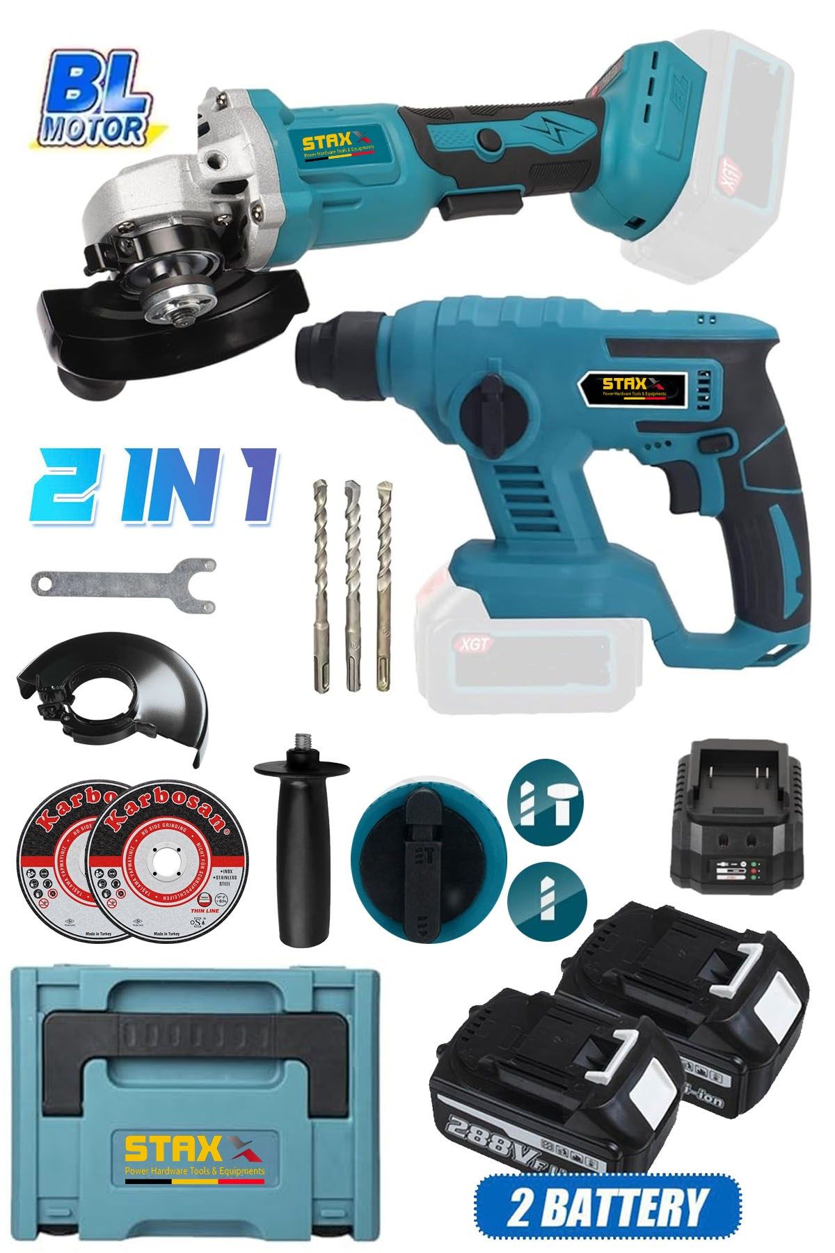 Super Combo Bl Motor Çift Akülü Muhteşem 2'li Şarjlı Kırıcı Şarjlı Taşlama Setli Çantalı 58VF 2000Ah