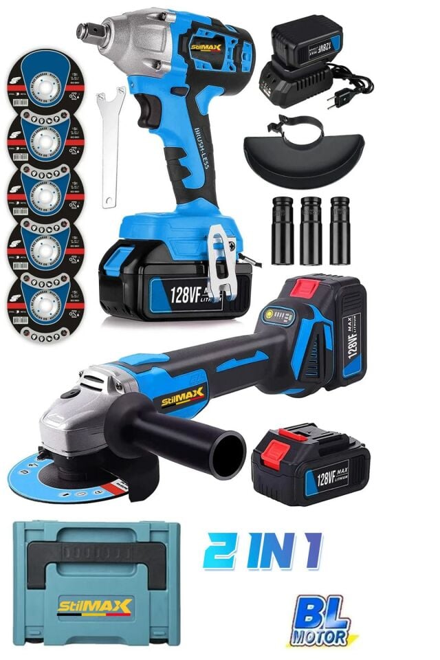 Yüksek Torklu Çift Güçlü 10 Pilli x2 Akülü Somun Sökme Bijon Seti + Akülü Taşlama Spiral Makinesi