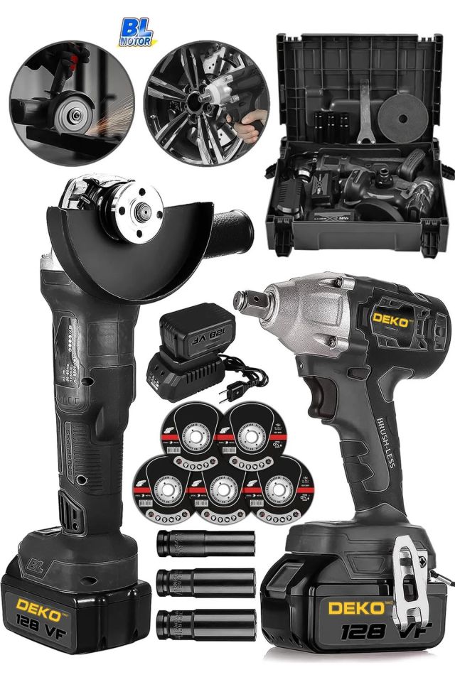 Çift Vuruşlu Darbeli Somun Sıkma Bijon Seti ve 125mm Akülü Spiral Taşlama Makinesi Kömürsüz Set