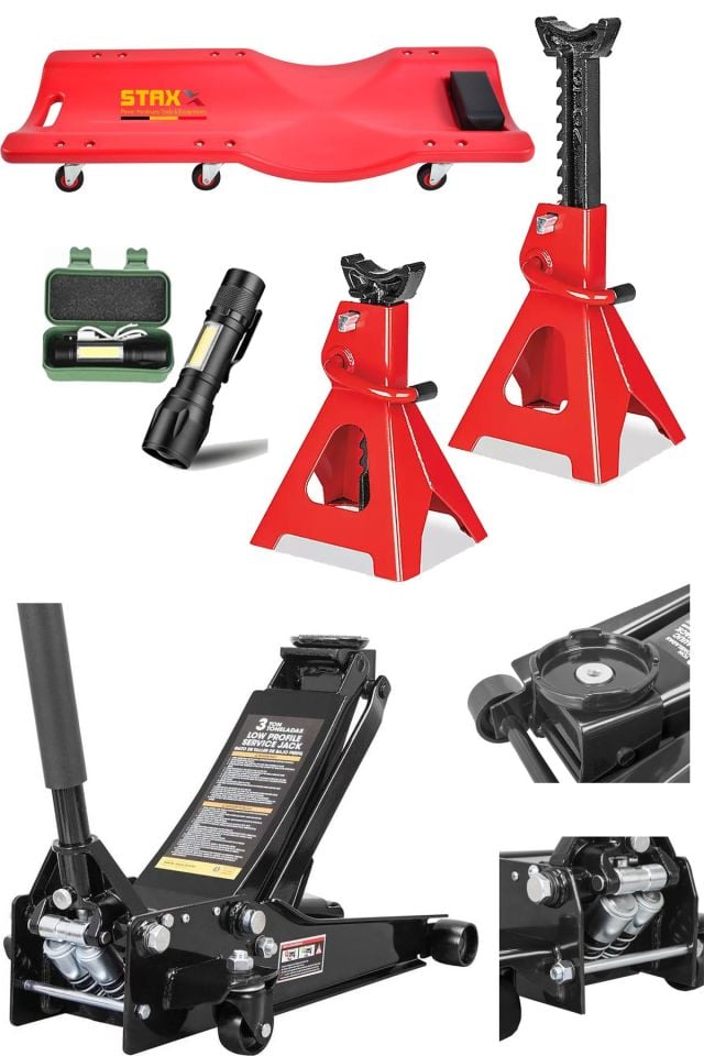 3Ton Hidrolik Paslanmaz Çift Piston Düşük Kaldırma Krikosu + 3Ton Sehpa Kriko + Tamirci Kızağı Set